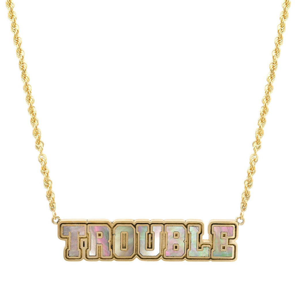 "TROUBLE" JERSEY NAMEPLATE NECKLACE