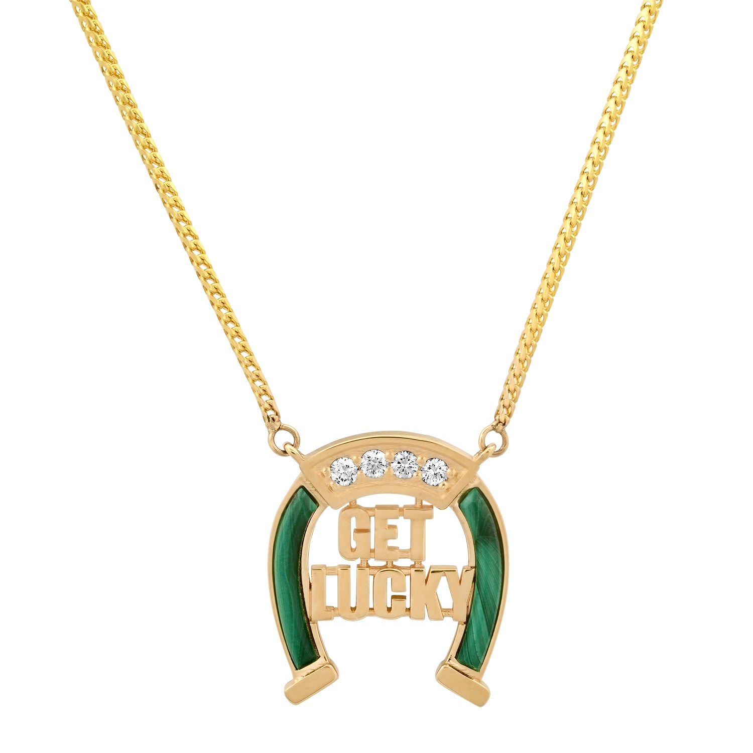 GET LUCKY Upside Down Horseshoe Necklace with Diamonds and Malachite