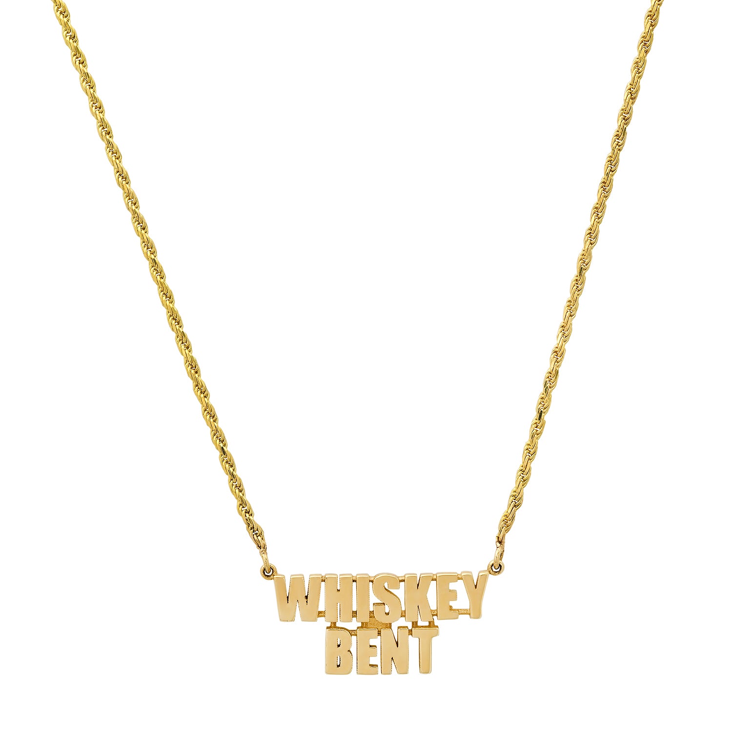 WHISKEY BENT Word Necklace on Rope Chain