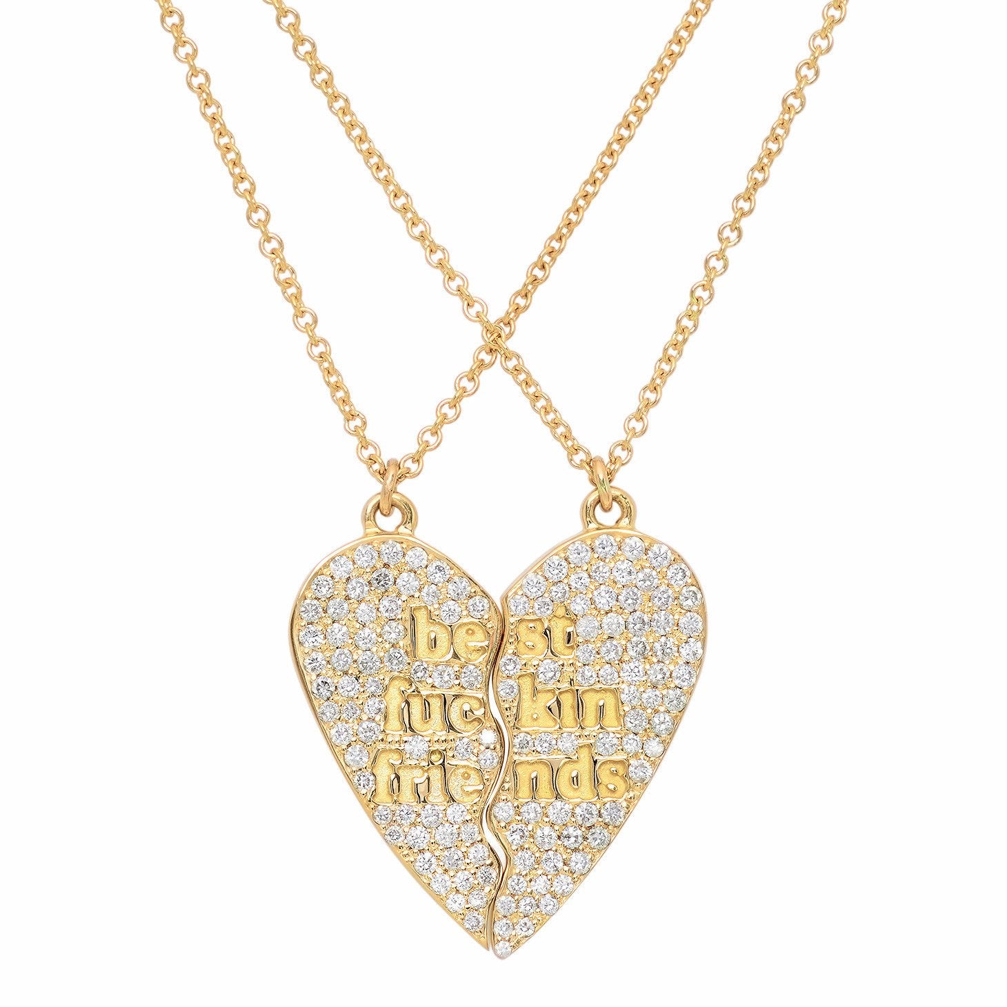 Best Fuckin Friends (2 Piece) Heart Necklaces w/ Diamonds